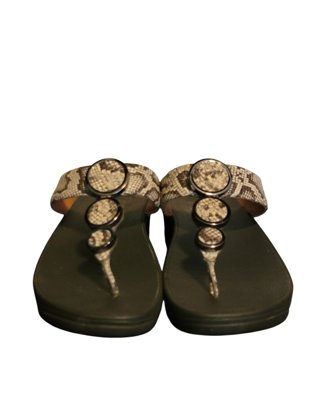FITFLOP Womens Leather Halo Toe Post Wedges Thong Sandals Taupe Snake Skin 7 - Picture 6 of 7